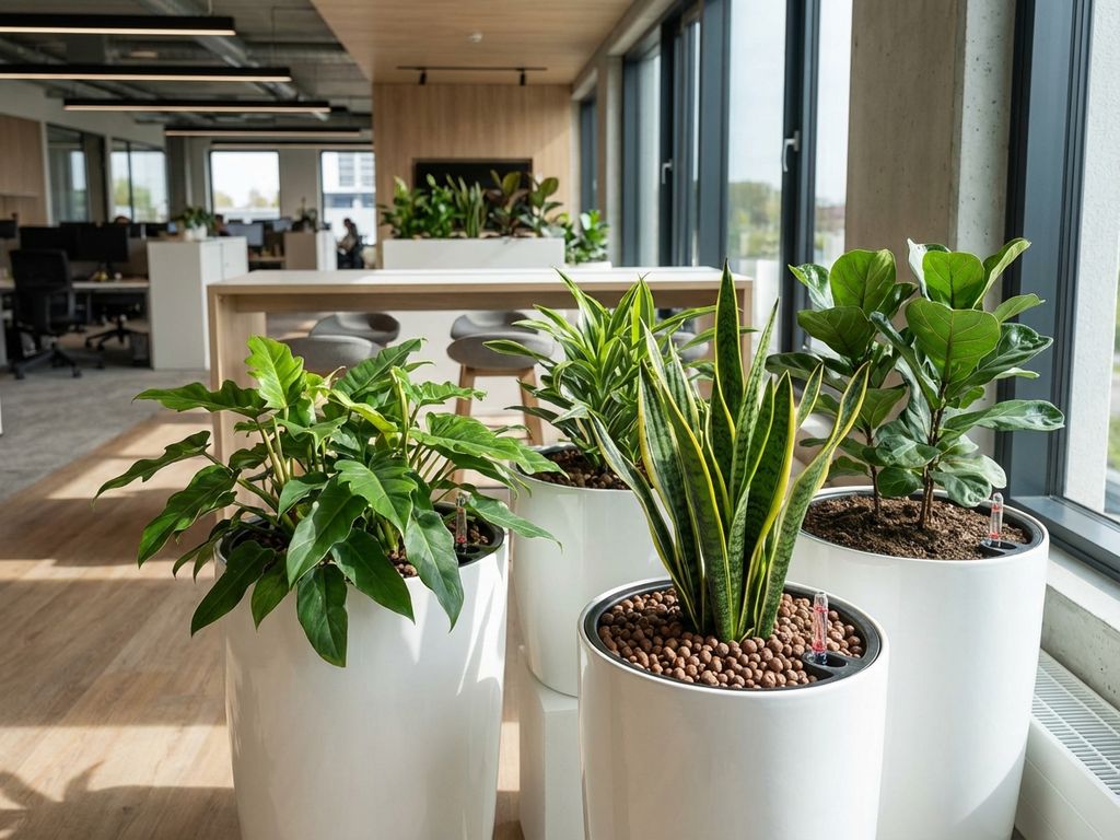 Kantorplanten in witte potten tonen vergelijking tussen hydrocultuur met kleikorrels en traditionele potgrond