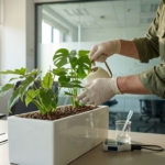 Handen in werkkleding verzorgen hydroponic kantoorplanten in witte plantenbakken met meetinstrumenten in modern kantoor