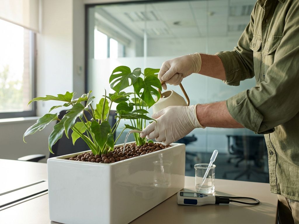 Handen in werkkleding verzorgen hydroponic kantoorplanten in witte plantenbakken met meetinstrumenten in modern kantoor