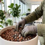 Handen onderzoeken hydrocultuur korrels in witte plantenbak, vergelijking van nieuwe en gebruikte kleikorrels in kantoor