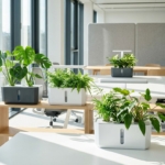 Moderne hydroponische kantoorplanten in witte en antraciet plantenbakken met monstera en varens in hedendaagse werkruimte