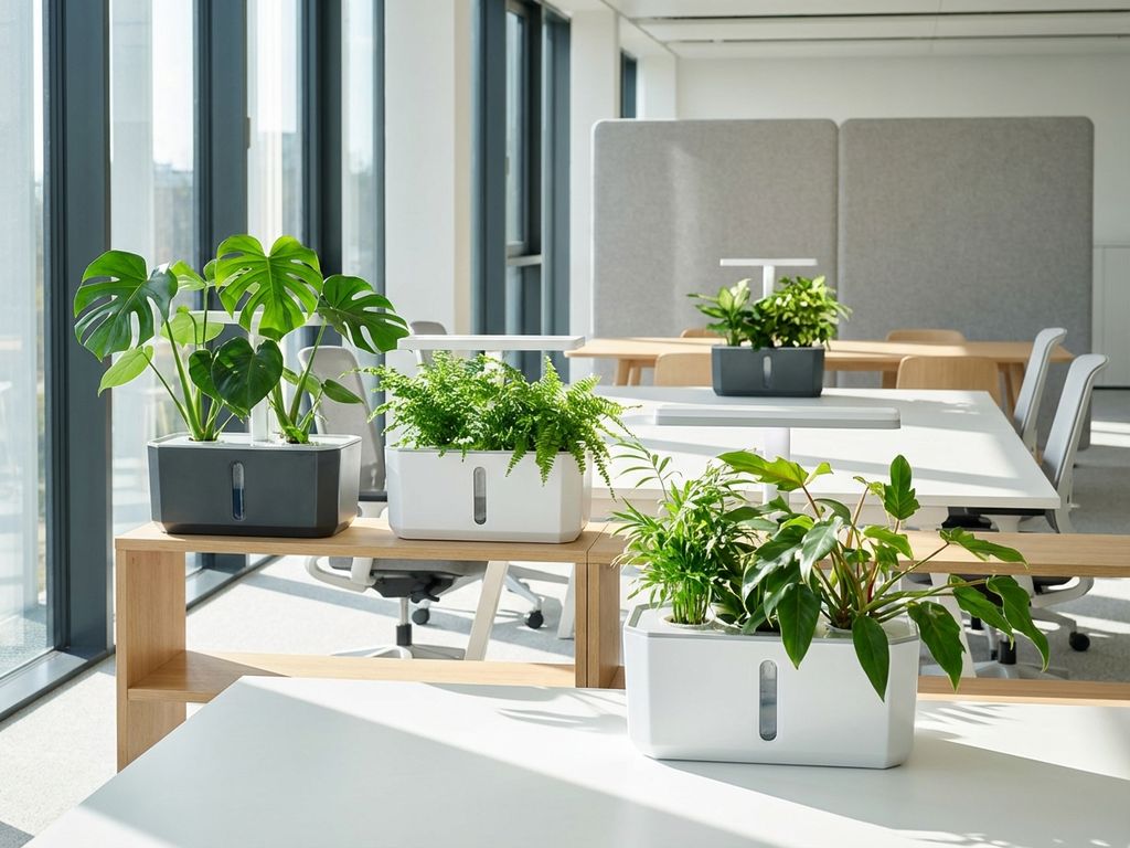 Moderne hydroponische kantoorplanten in witte en antraciet plantenbakken met monstera en varens in hedendaagse werkruimte