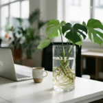 Glazen hydrocultuur plantenbak met Monstera deliciosa en witte wortels op wit bureau naast laptop en koffiekop