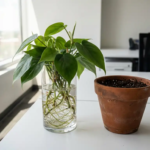 Groene plant met witte wortels in glazen container naast terracotta pot op wit bureau in modern kantoor