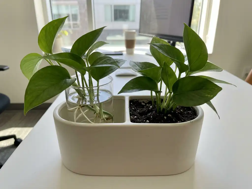 Keramische plantenbak toont twee identieke planten, één in hydroponische water met witte wortels, andere in donkere potgrond