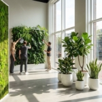 Moderne Nederlandse kantoorruimte met diverse interieurbeplanting: moswand, plantenwand en potplanten bij ramen
