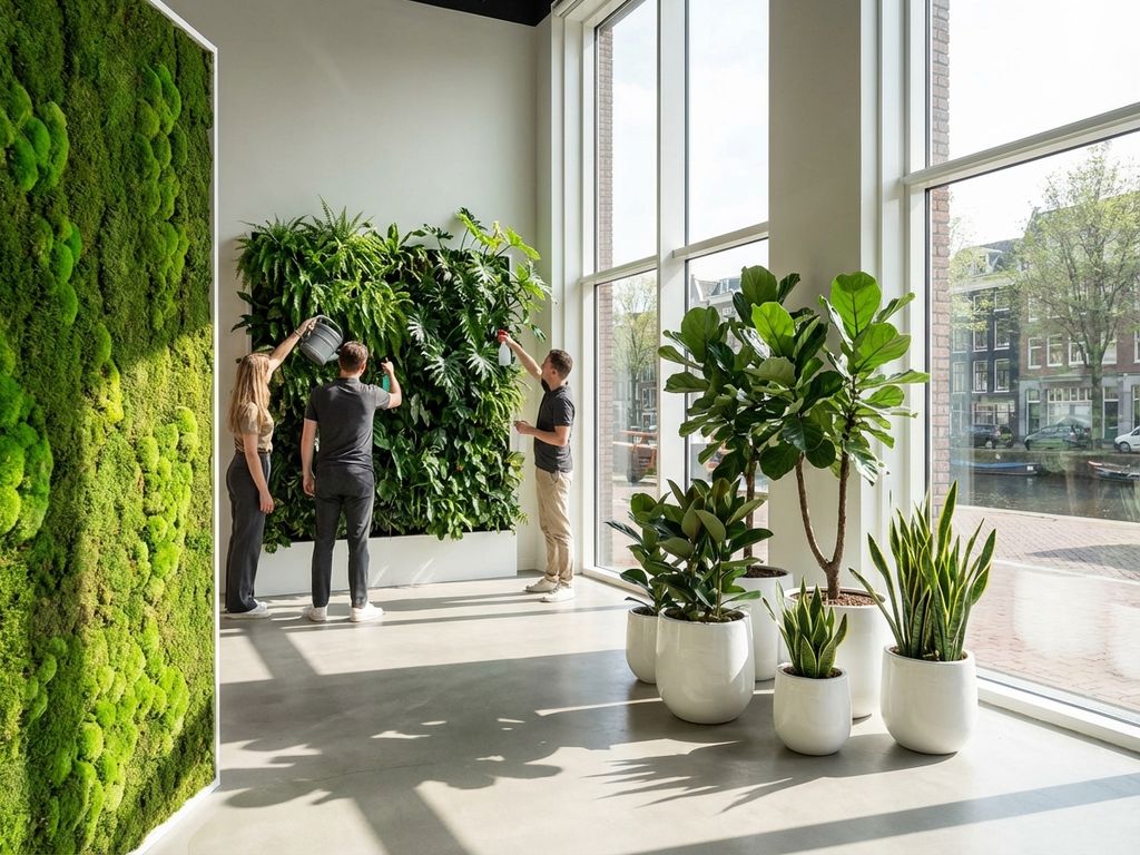 Moderne Nederlandse kantoorruimte met diverse interieurbeplanting: moswand, plantenwand en potplanten bij ramen