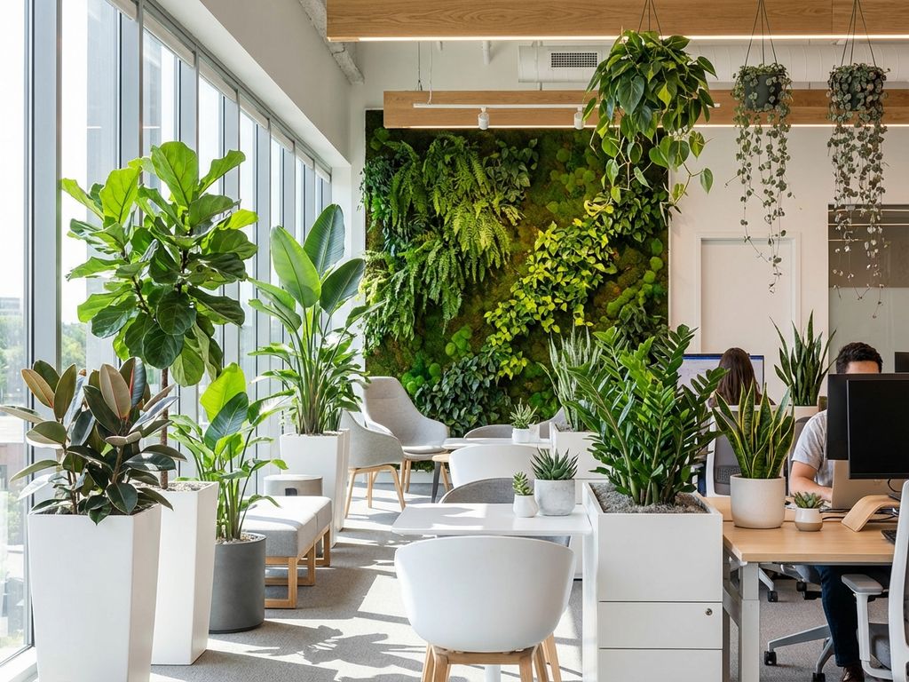 Moderne kantoorruimte met professionele kamerplanten, plantenwand en natuurlijk licht voor biofiele werkplek