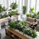 Moderne kantoorruimte met grote groene planten in witte plantenbakken tussen bureaus en stoelen, natuurlijk licht door ramen