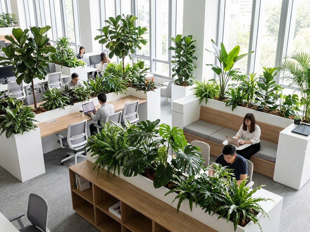 Moderne kantoorruimte met grote groene planten in witte plantenbakken tussen bureaus en stoelen, natuurlijk licht door ramen