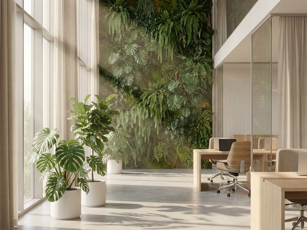 Moderne kantoor met levende plantenwand van vloer tot plafond, grote groene planten in witte potten, natuurlijk daglicht