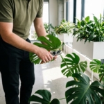 Professionele medewerker snoeit kantoorplant met schaar in moderne werkruimte met natuurlijk licht