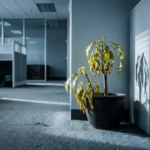 Verwelkte kantoorplant met gele bladeren in hoek van modern kantoor onder fel tl-licht