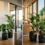 Moderne kantoorruimte met Monstera en Kentia palmen in keramische plantenbakken, natuurlijk zonlicht door grote ramen