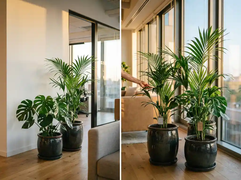 Moderne kantoorruimte met Monstera en Kentia palmen in keramische plantenbakken, natuurlijk zonlicht door grote ramen