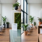 Moderne Nederlandse kantooromgeving toont vergelijking tussen geleasde en gekochte kantoorplanten in elegante receptieruimte