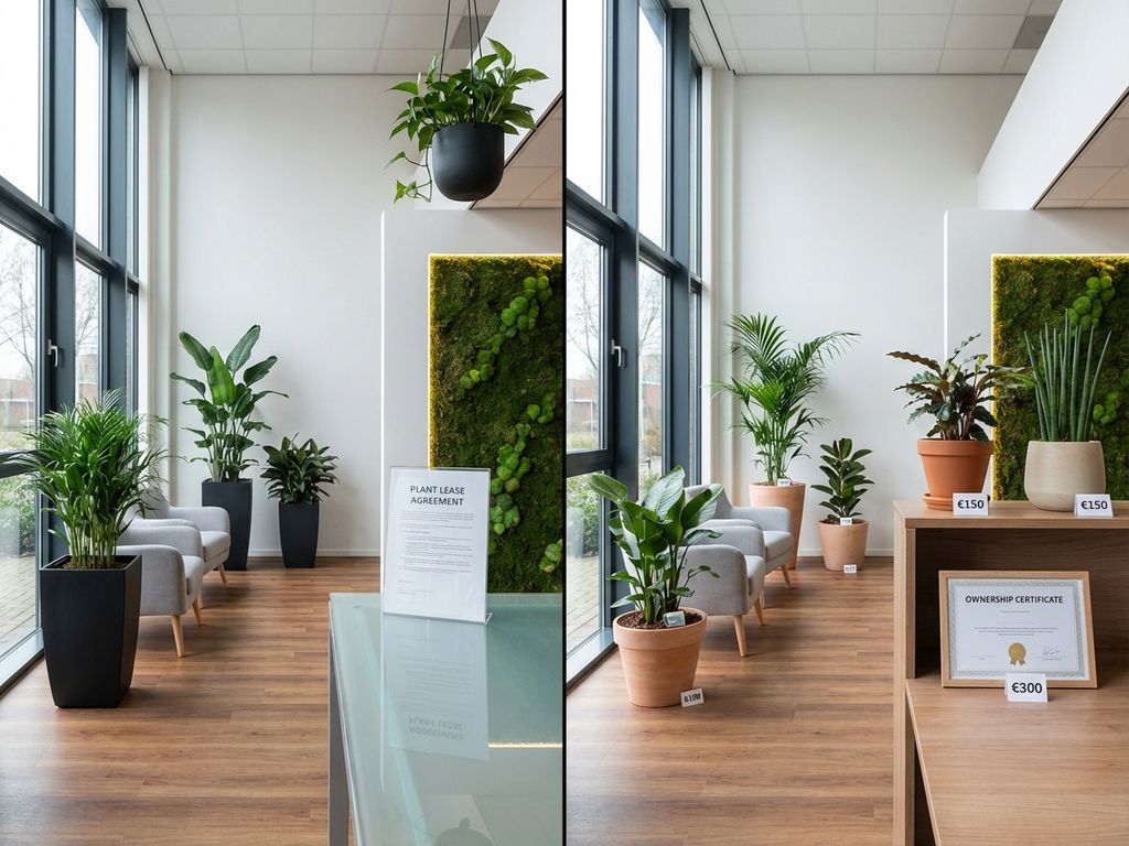 Moderne Nederlandse kantooromgeving toont vergelijking tussen geleasde en gekochte kantoorplanten in elegante receptieruimte