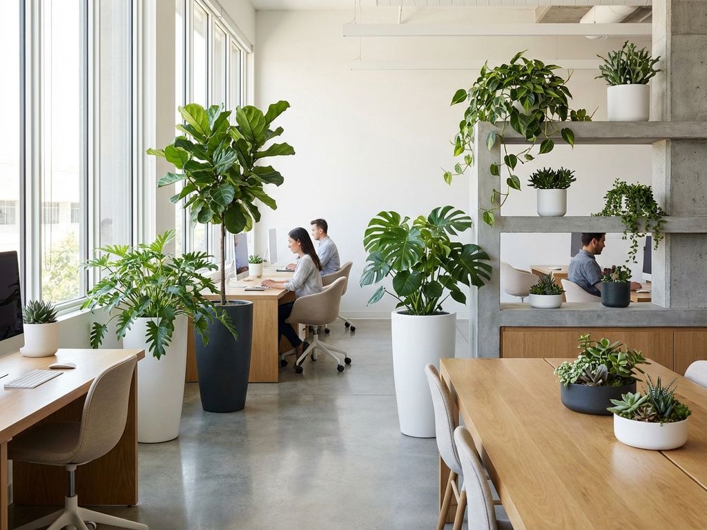 Diverse kantoorplanten in moderne witte en antraciet plantenbakken in lichte minimalistische werkruimte met natuurlijk daglicht