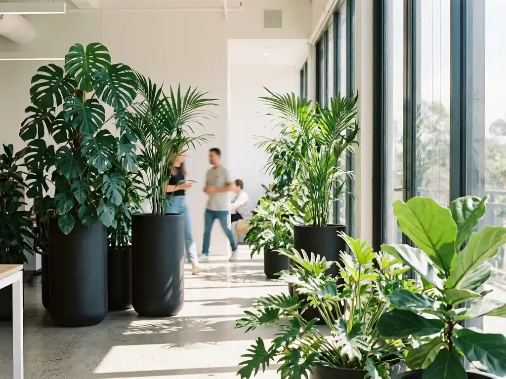 Weelderige tropische planten waaronder Monstera deliciosa en Kentia palmen in moderne kantoorruimte met betonvloer en grote ramen