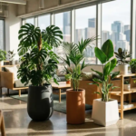 Kantoorplanten waaronder Monstera deliciosa, Kentia palm en Strelitzia in moderne plantenbakken bij raam met natuurlijk licht