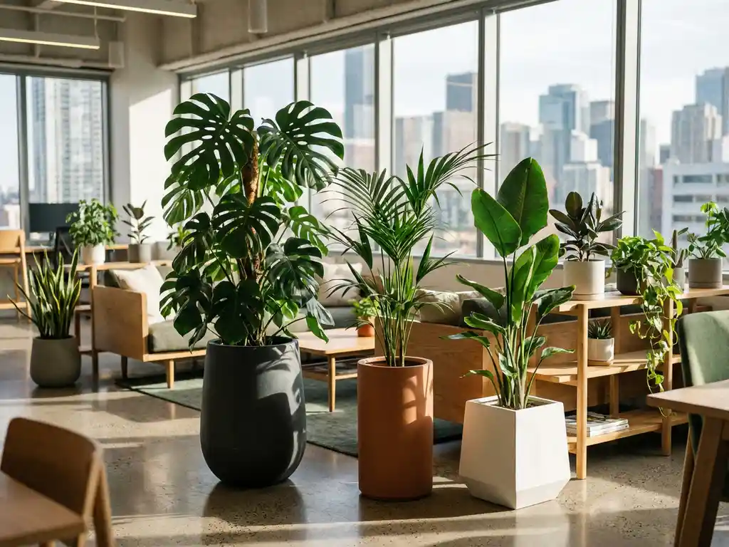 Kantoorplanten waaronder Monstera deliciosa, Kentia palm en Strelitzia in moderne plantenbakken bij raam met natuurlijk licht