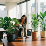 Professionele persoon bekijkt drie kantoorplanten op houten bureau: Monstera deliciosa, Kentia palm en Strelitzia in moderne werkruimte