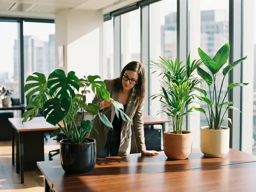 Professionele persoon bekijkt drie kantoorplanten op houten bureau: Monstera deliciosa, Kentia palm en Strelitzia in moderne werkruimte
