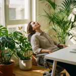 Kantoormedewerker ontspant tussen grote Monstera en Kentia palmen op modern wit bureau, natuurlijk zonlicht door ramen