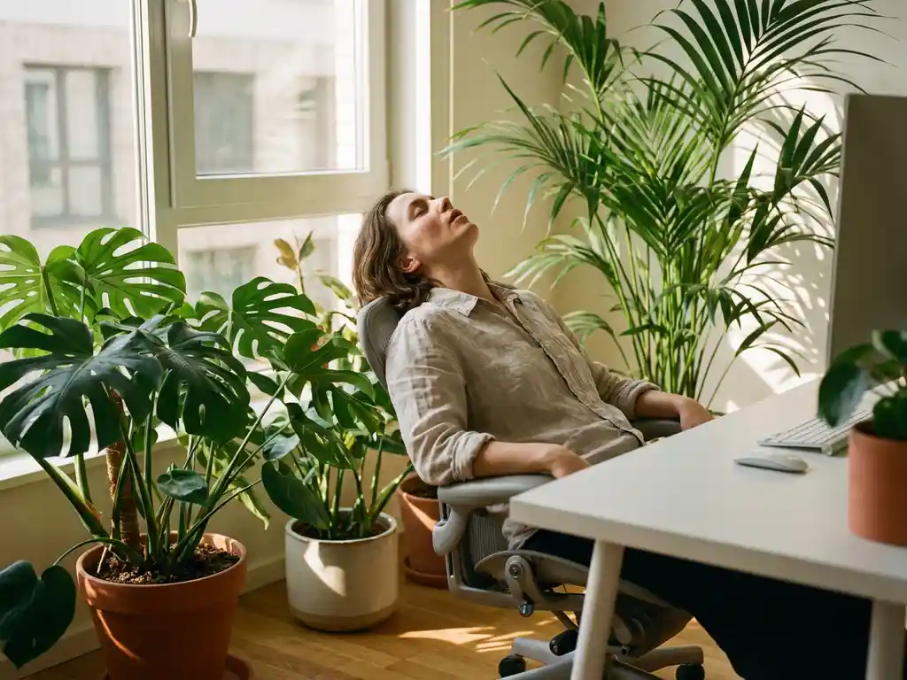 Kantoormedewerker ontspant tussen grote Monstera en Kentia palmen op modern wit bureau, natuurlijk zonlicht door ramen