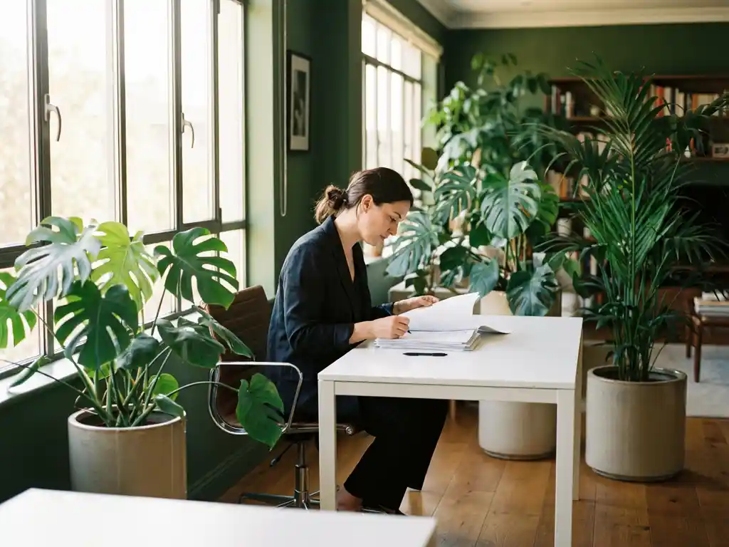 Professionele vrouw werkt geconcentreerd aan modern bureau omringd door Monstera en Kentia palmen in witte plantenbakken