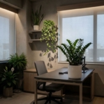 Moderne kantoorinterieur met ZZ-plant, slangplant en pothos die gedijen in weinig licht bij bureau met natuurlijke schaduwen