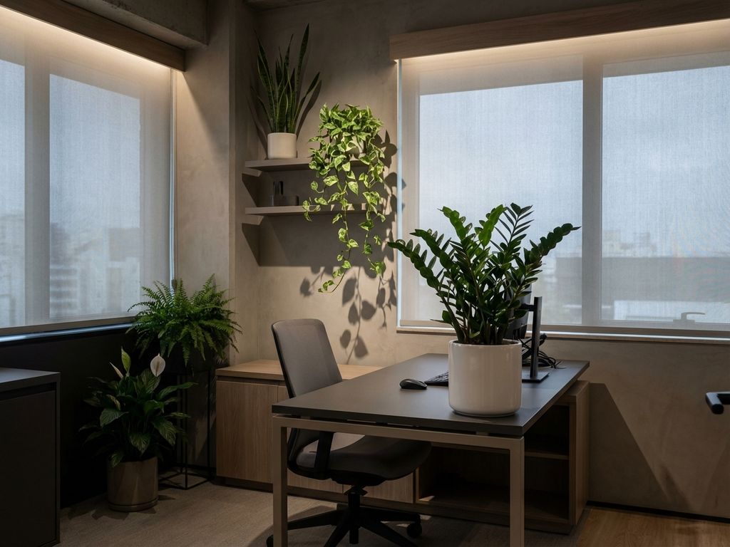 Moderne kantoorinterieur met ZZ-plant, slangplant en pothos die gedijen in weinig licht bij bureau met natuurlijke schaduwen