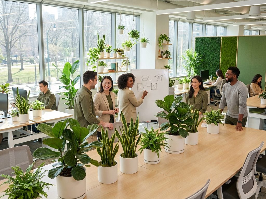 Diverse kantoormedewerkers werken samen aan vergadertafel omringd door groene planten in moderne werkruimte met daglicht