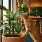 Oranje gestreepte kat snuffelt voorzichtig aan grote Dieffenbachia kamerplant met witte vlekken in moderne kantoorruimte