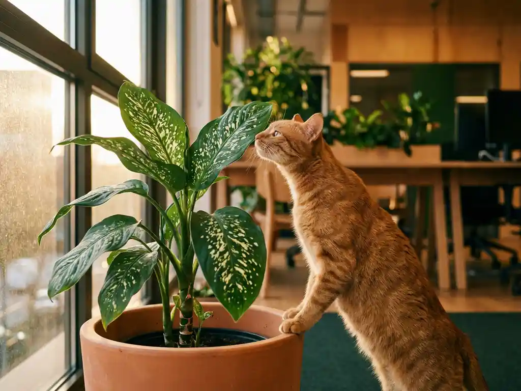 Oranje gestreepte kat snuffelt voorzichtig aan grote Dieffenbachia kamerplant met witte vlekken in moderne kantoorruimte