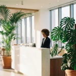 Kentia palm en Monstera deliciosa planten flankeren moderne witte receptiebalie in elegante kantoorlobby met natuurlijk licht