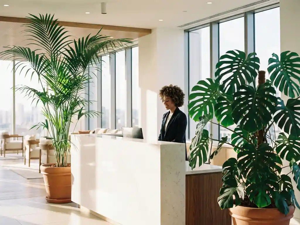 Kentia palm en Monstera deliciosa planten flankeren moderne witte receptiebalie in elegante kantoorlobby met natuurlijk licht