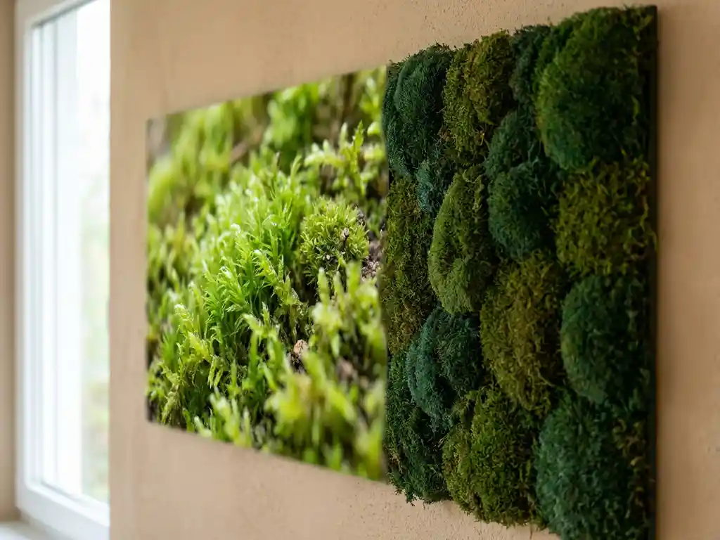 Twee mospanelen naast elkaar op een moderne muur: levend groen mos en geconserveerd mos in diepe bosgroentinten.