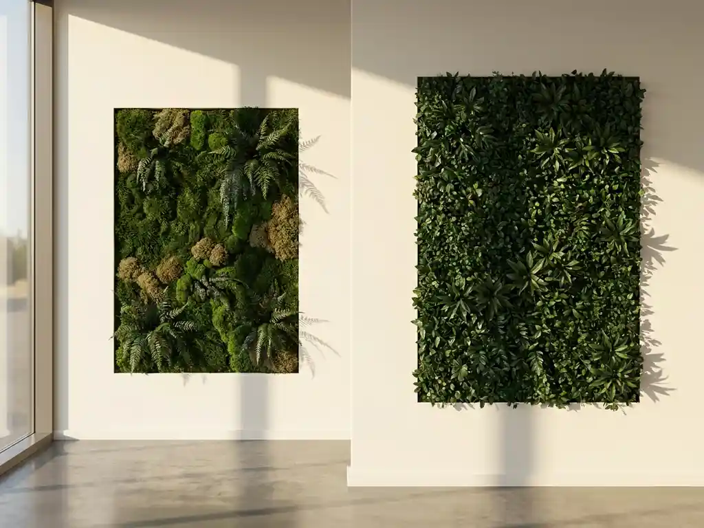 Levend mospaneel naast kunstmatige groene wand in modern interieur, met contrast tussen organische textuur en synthetisch blad.