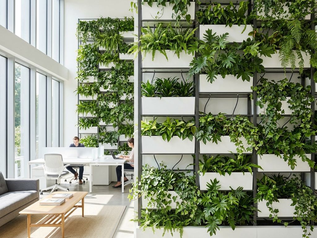 Moderne kantoorruimte met verticale plantenwand van groene varens en pothos in witte modulaire plantenbakken