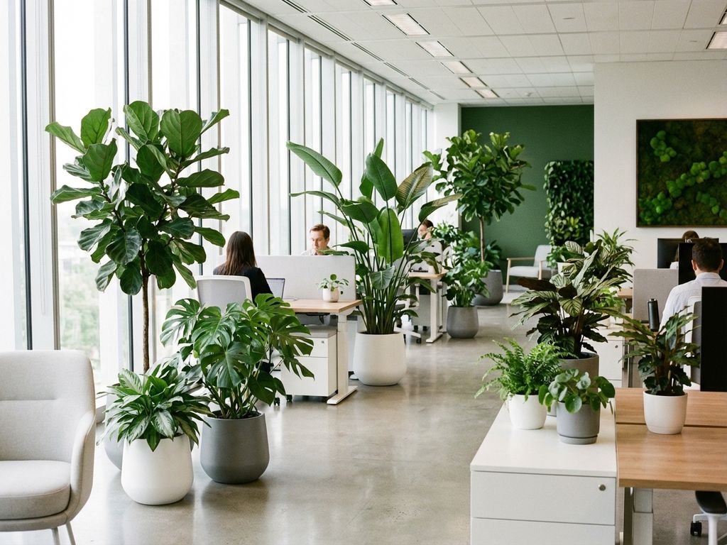 Moderne kantoorinterieur met diverse groene planten in witte planters, grote ramen en natuurlijk licht