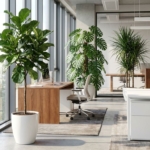Moderne kantoorruimte met grote groene planten waaronder Ficus lyrata, Monstera en Dracaena bij grote ramen