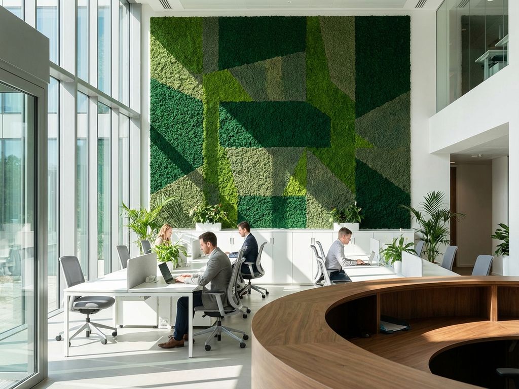 Moderne kantoorinterieur met grote groene moswand, natuurlijk licht en werknemers in open werkruimte