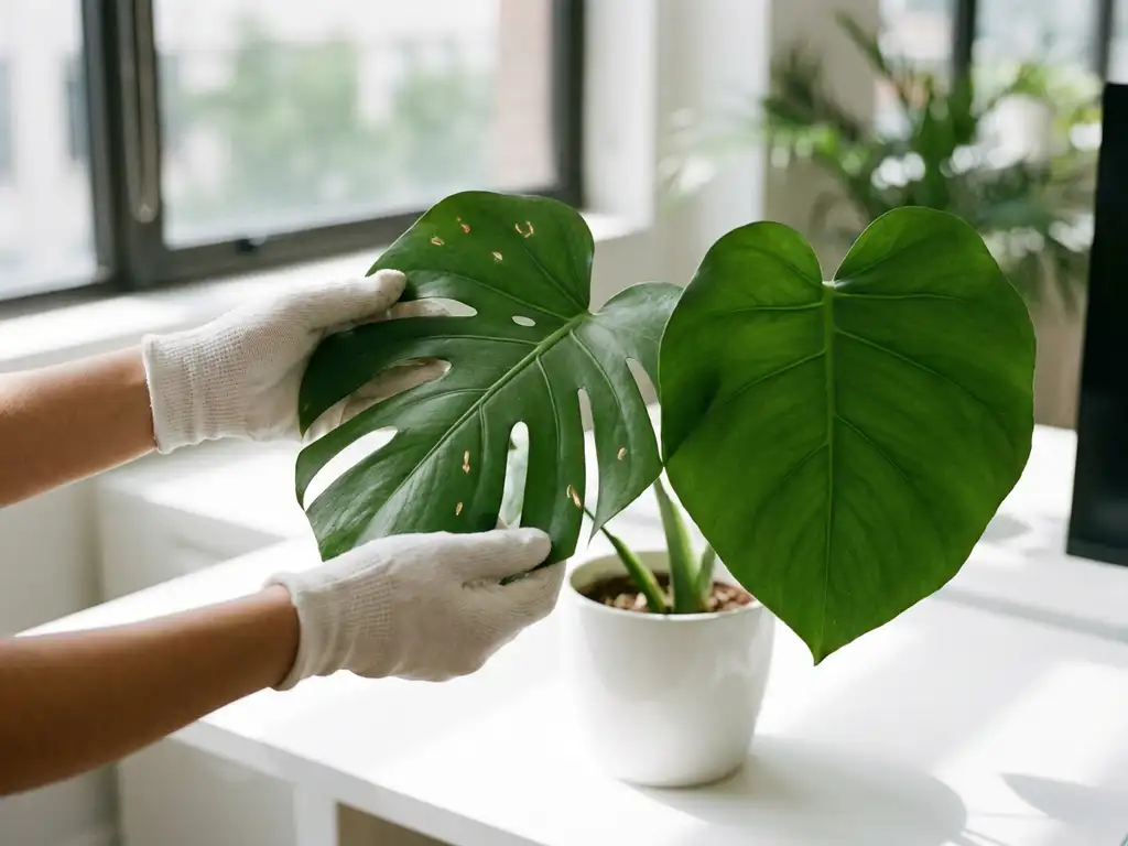 Handen in witte tuinhandschoenen onderzoeken Monstera deliciosa bladeren met bruine vlekken op wit bureau bij raam