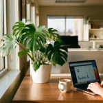 Monstera deliciosa met glanzende gespleten bladeren op modern kantoorbureau naast laptop en koffiemok in warm natuurlijk licht