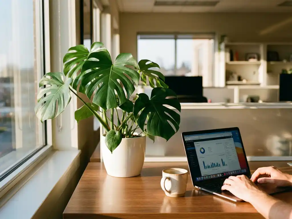 Monstera deliciosa met glanzende gespleten bladeren op modern kantoorbureau naast laptop en koffiemok in warm natuurlijk licht
