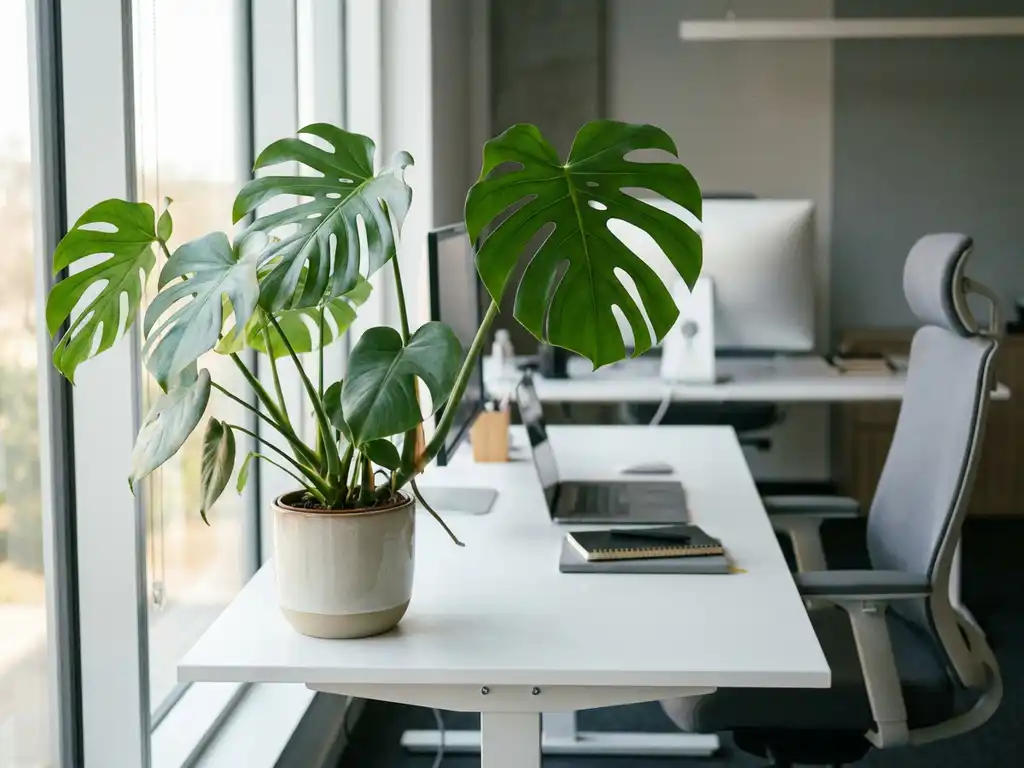 Monstera deliciosa met glanzende gespleten bladeren op wit bureau in modern kantoor met natuurlijk licht
