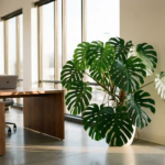 Monstera deliciosa met glanzende gespleten bladeren naast modern bureau bij grote ramen met natuurlijk licht