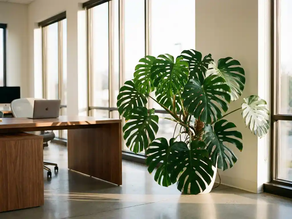 Monstera deliciosa met glanzende gespleten bladeren naast modern bureau bij grote ramen met natuurlijk licht