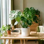 Monstera deliciosa met glanzende gespleten bladeren in witte keramische pot op modern kantoorbureau met slangplant en pothos